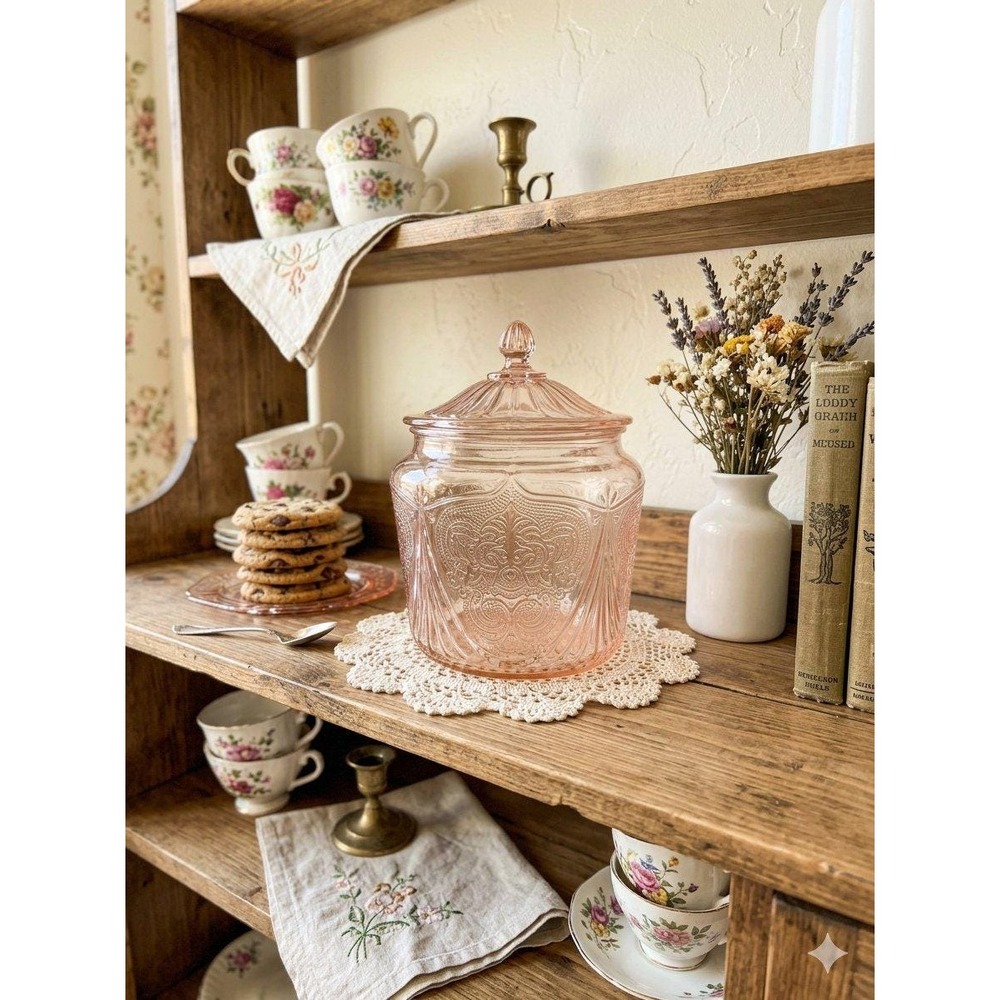 Vintage 1930's Hazel Atlas Royal Lace Pink Depression Glass Jar & Lid Canister